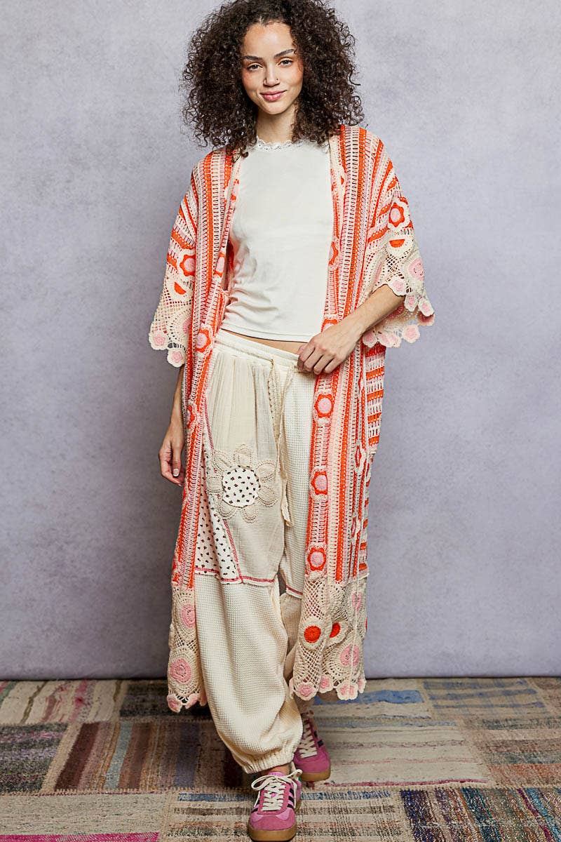 3/4 Sleeve Striped Floral Pattern Crochet Open Cardigan