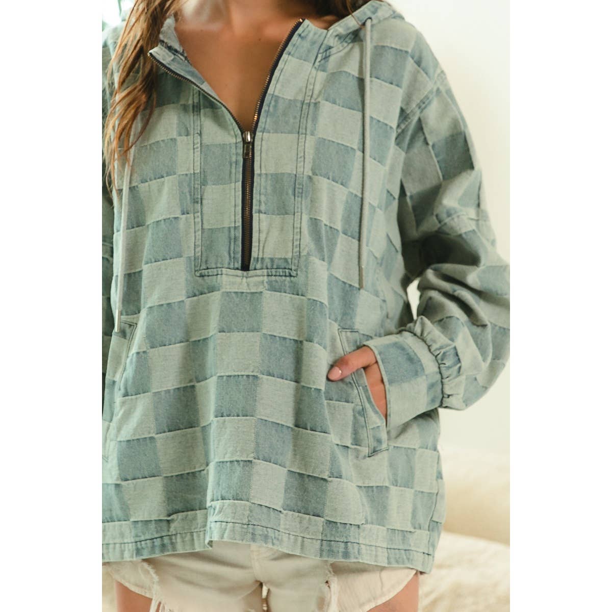 Washed Checker Denim Half Zip Up Hoodie
