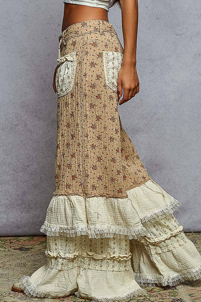 Double Gauze Floral Front Patch Pockets Ruffle Wide Pants