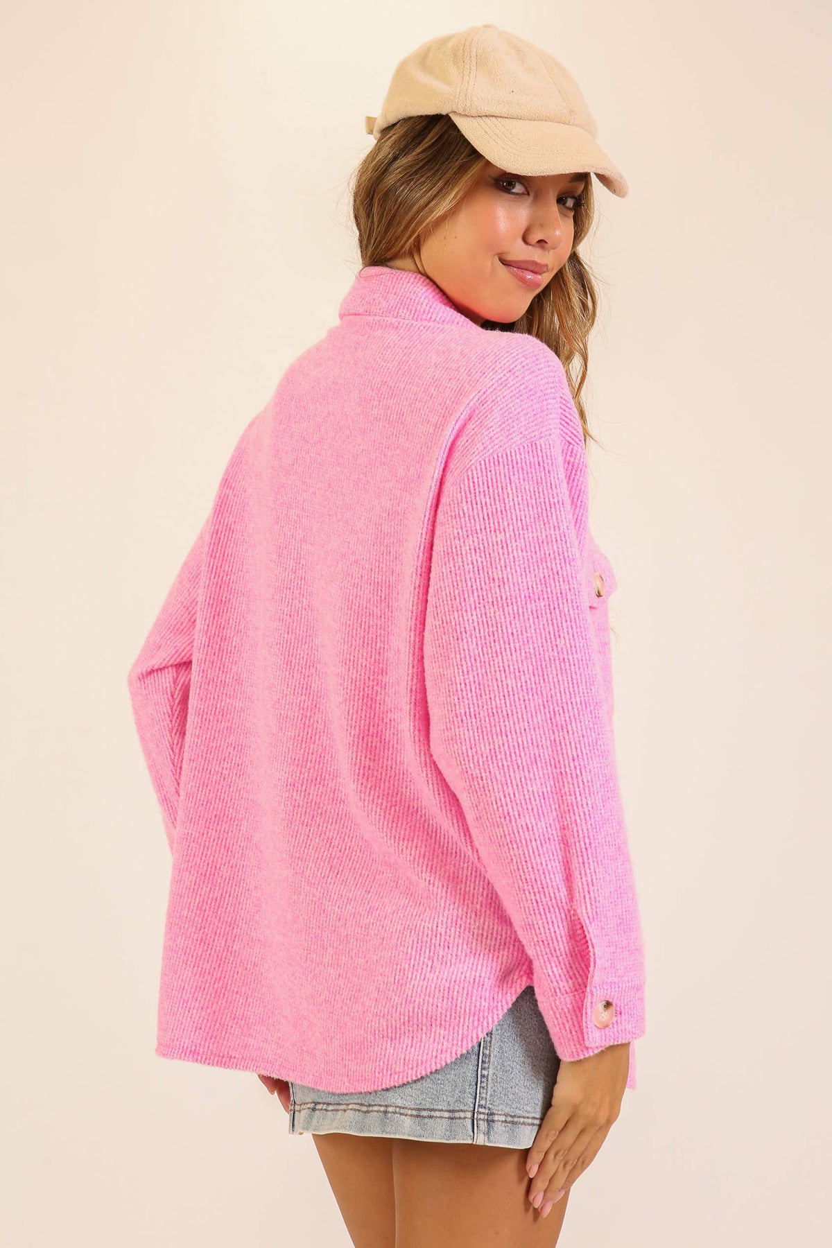 Brushed Waffle Button-Up Shacket: Pink