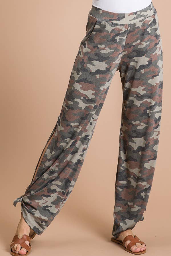Camo Print Split Side Pants: OLIVE