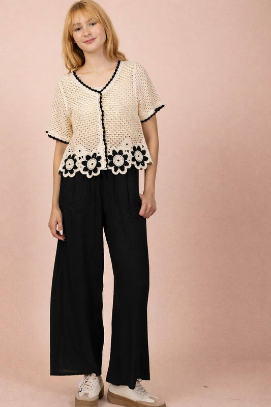 Floral Hem Crochet Button Down Short Sleeved Top
