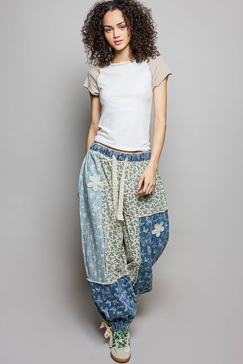 Crochet patch detail contrast patchwork printed woven pants