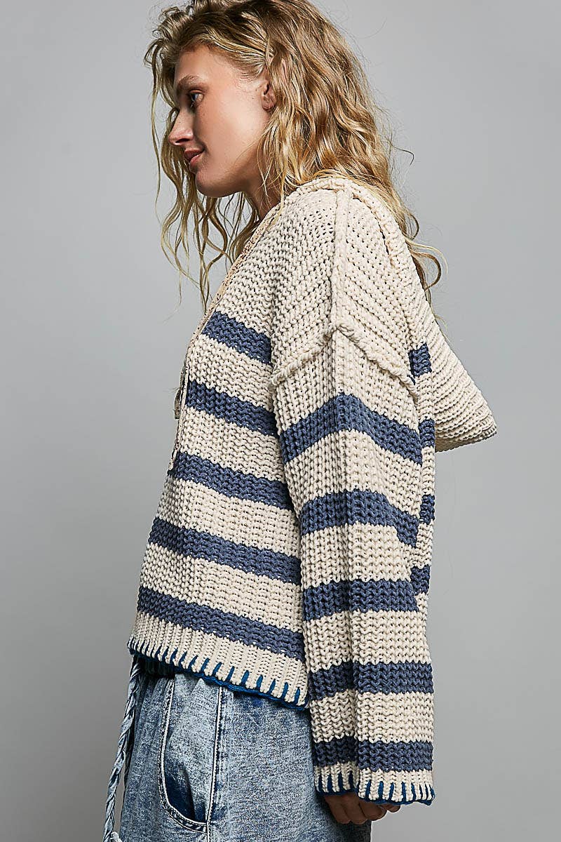 Hoodie V-neck Striped Long Sleeve Stitch Chenille Sweater: CREAM/NAVY