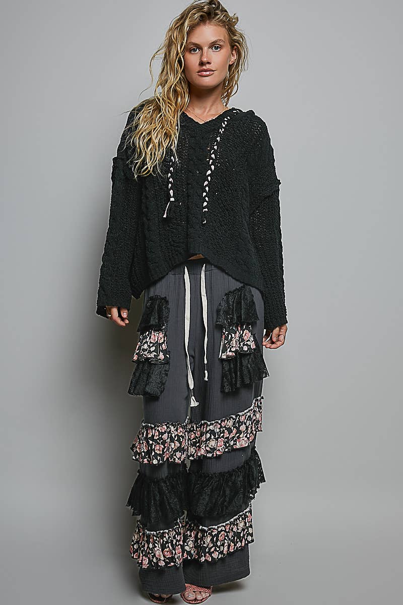 Oversize Fit V-neck Hooded Cable Knit Chenille Sweater