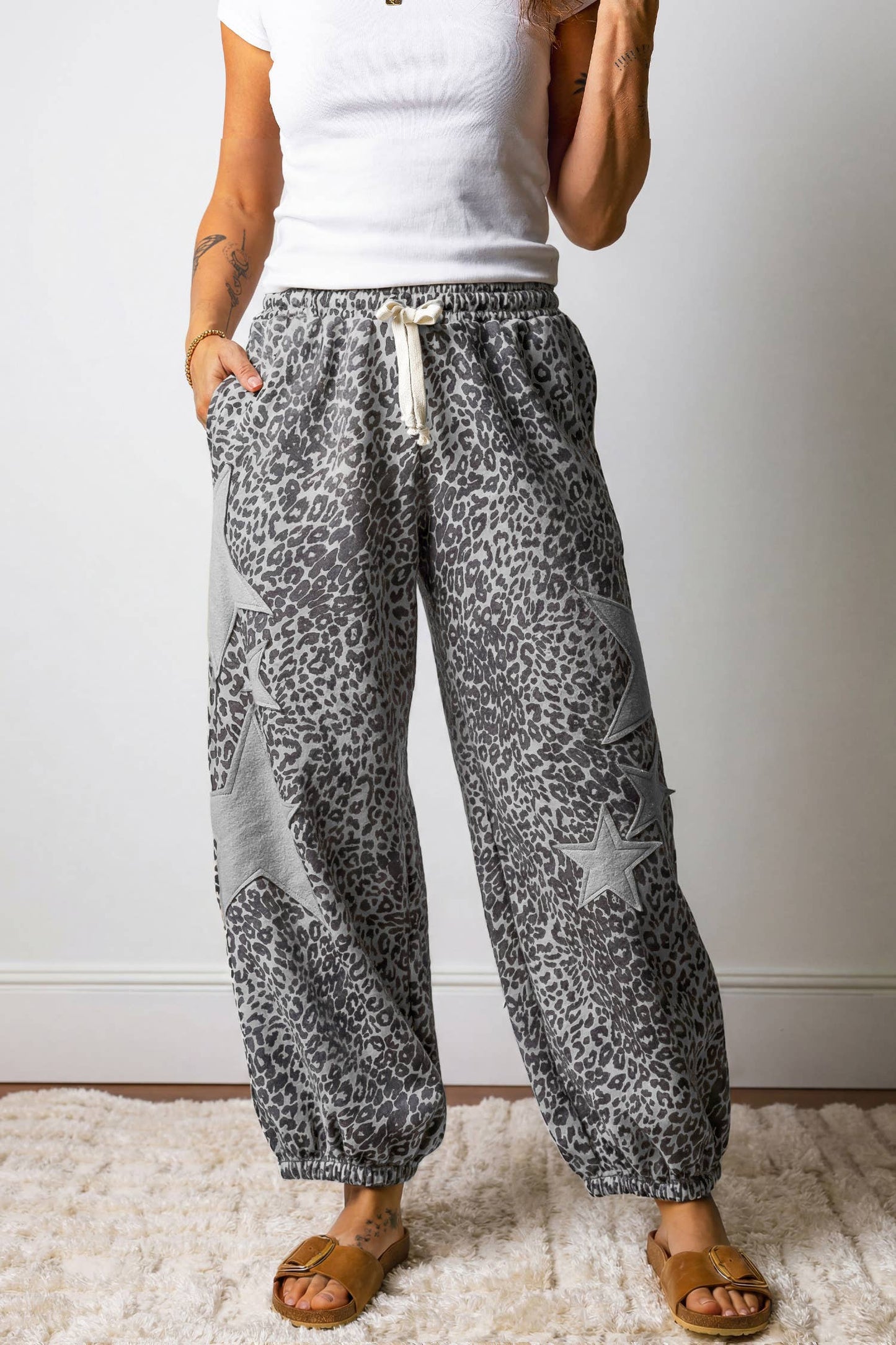 Leopard Print Star Patched Elastic Waist Jogger Pants