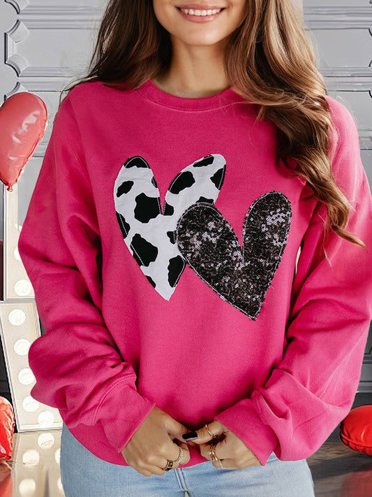 Cow & Sequin Double Heart Patch Graphic Sweatshirt