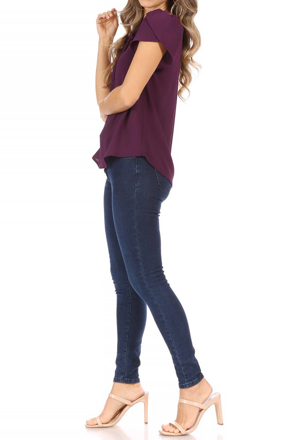 Women's Casual Solid Sleeve Tie Round Neck Shirt