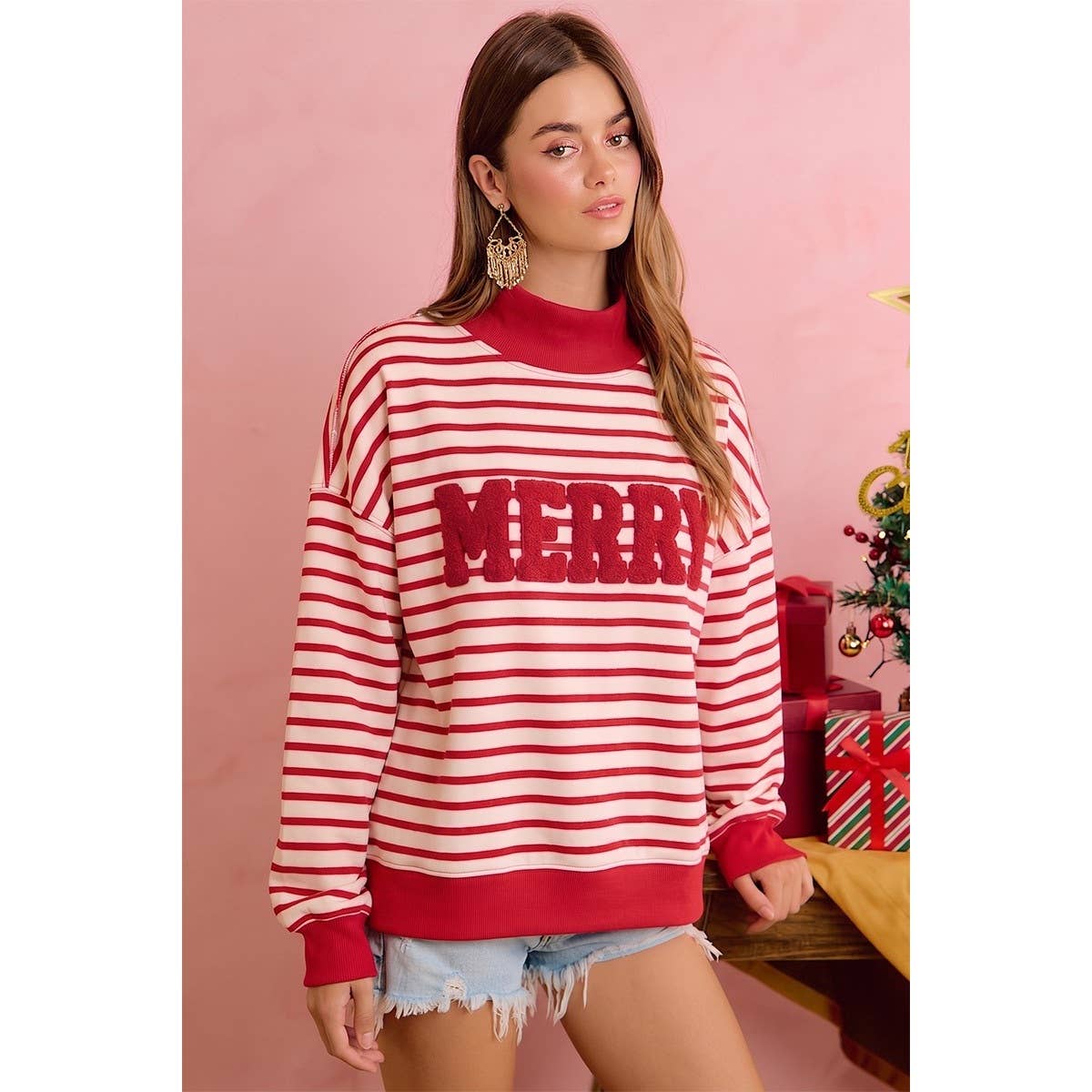 Christmas Stripe and MERRY Patchwork Mock Neck Shirt