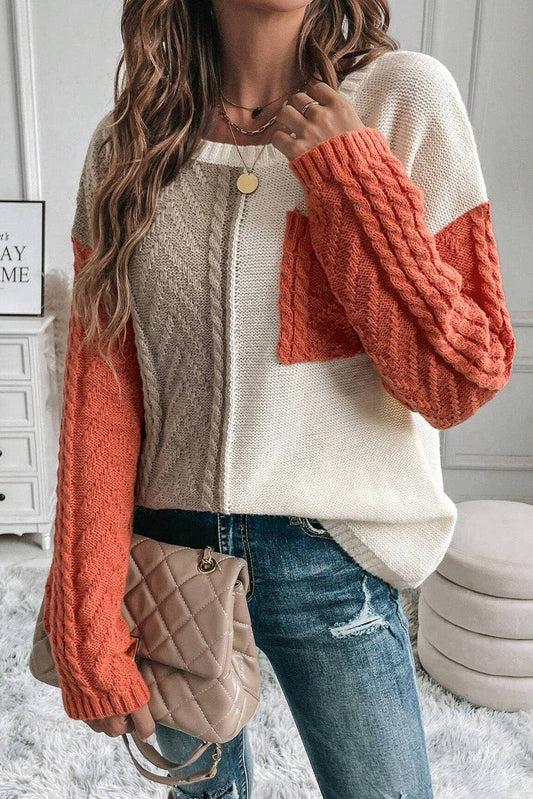 Colorblock Cable Knit Sweater with Pocket & Drop Shoulder