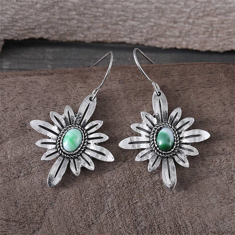 Boho Silver - Tone Daisy Flower Earrings with Green Stone