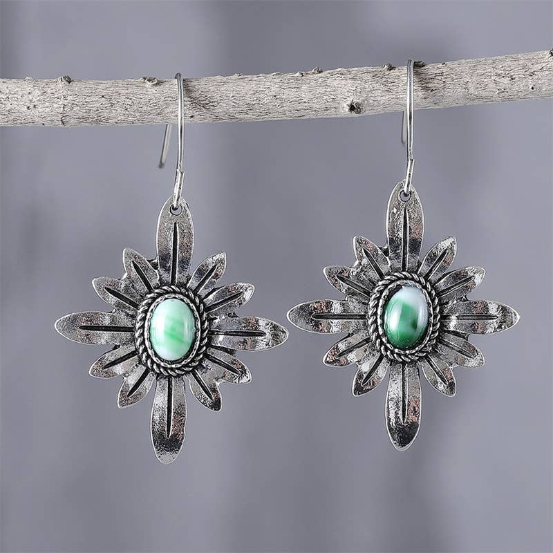 Boho Silver - Tone Daisy Flower Earrings with Green Stone