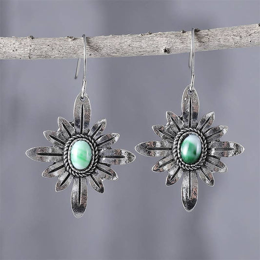 Boho Silver - Tone Daisy Flower Earrings with Green Stone