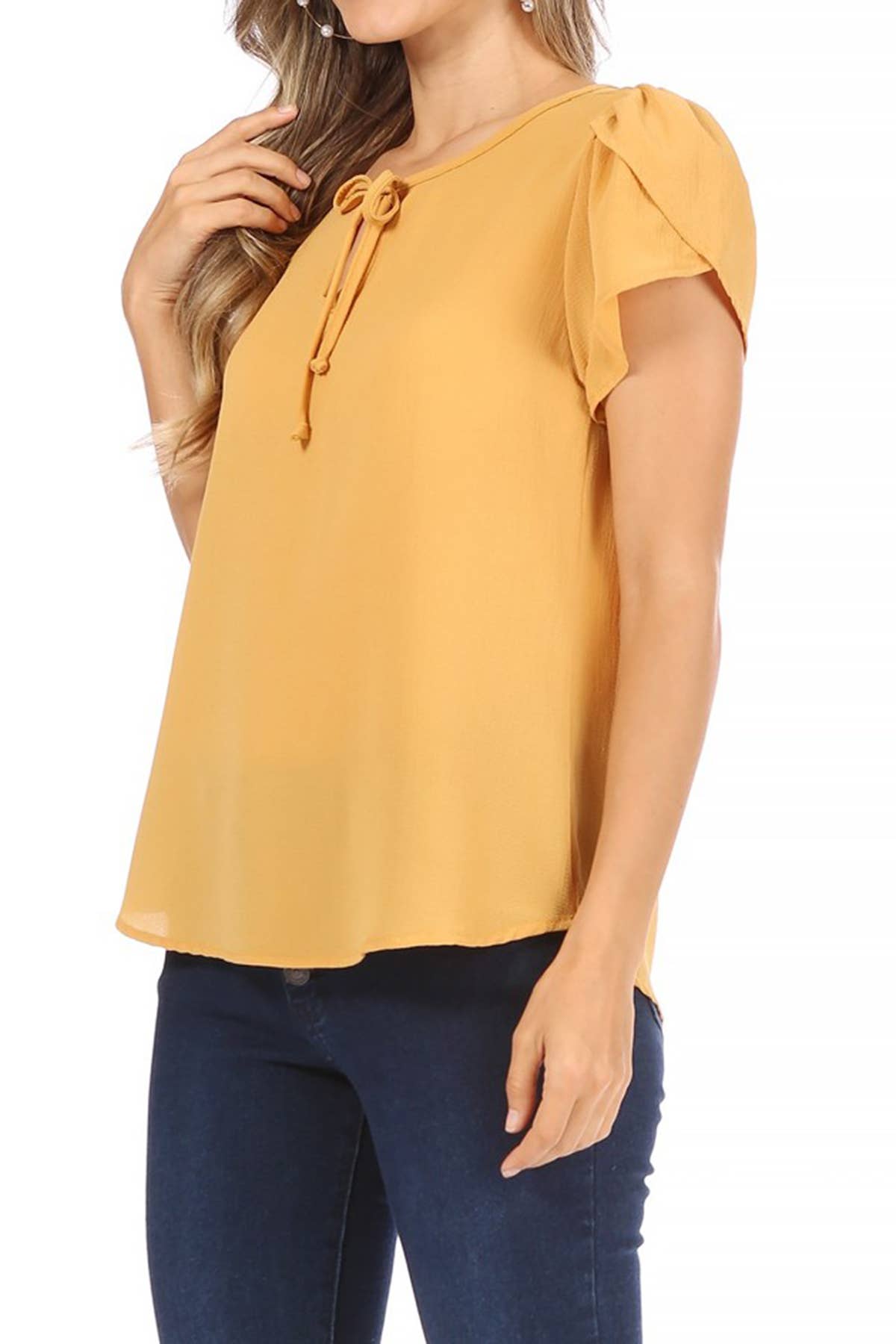 Women's Casual Solid Sleeve Tie Round Neck Shirt
