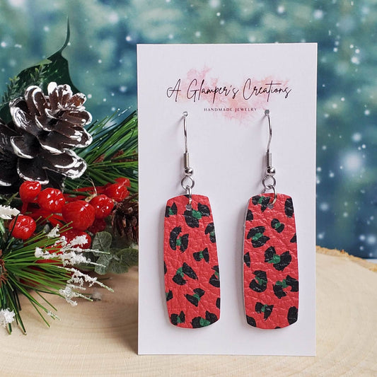 Christmas Leopard Mini Bar Leather Earrings