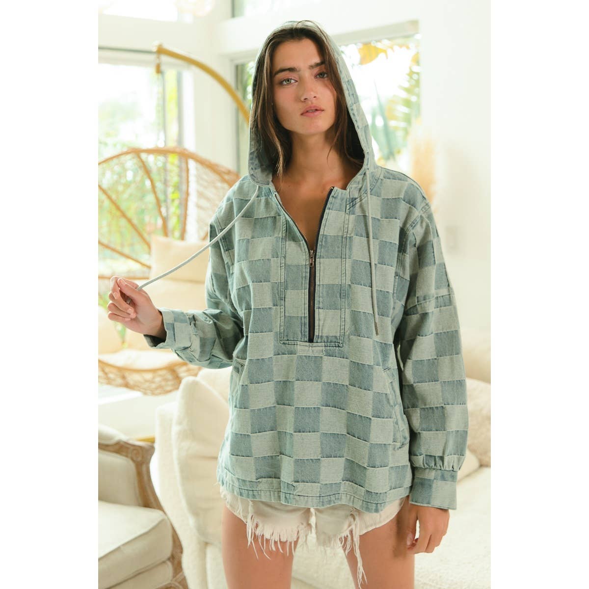 Washed Checker Denim Half Zip Up Hoodie