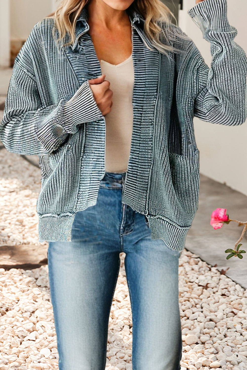LDC Wash Exposed Seam Patchwork Knit Open Sweater Cardigan: Evergreen