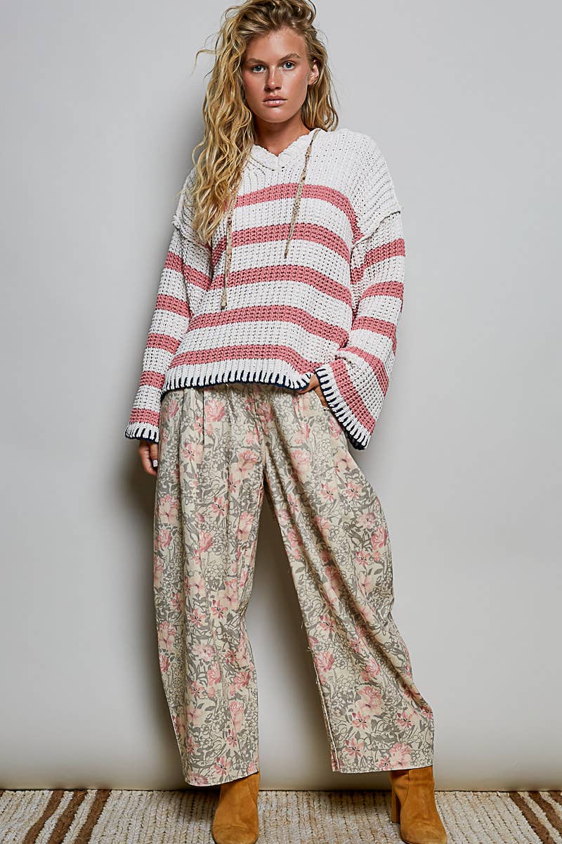 Hoodie V-neck Striped Long Sleeve Stitch Chenille Sweater: CREAM/NAVY