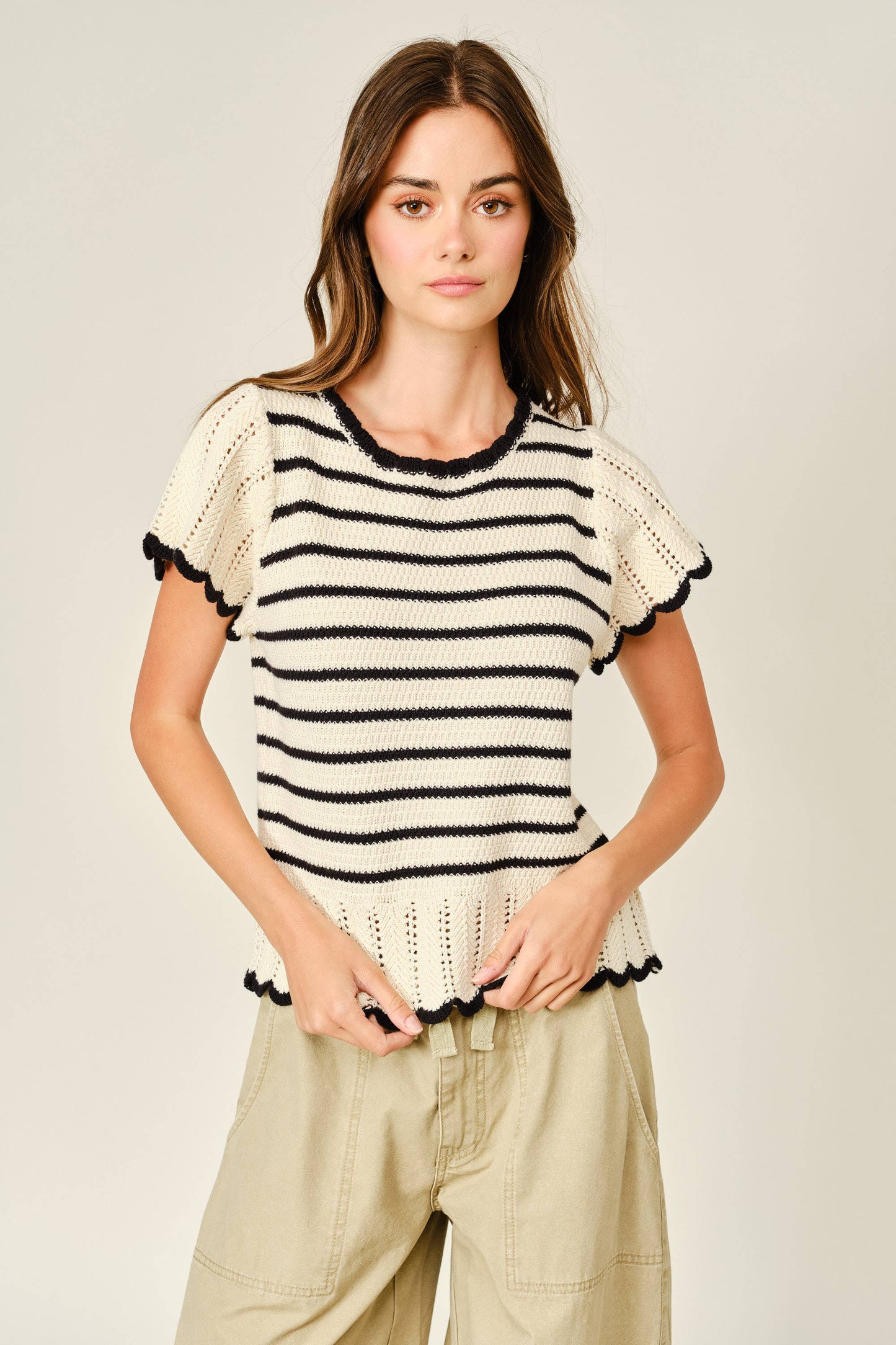 Striped Crochet short sleeved Sweater