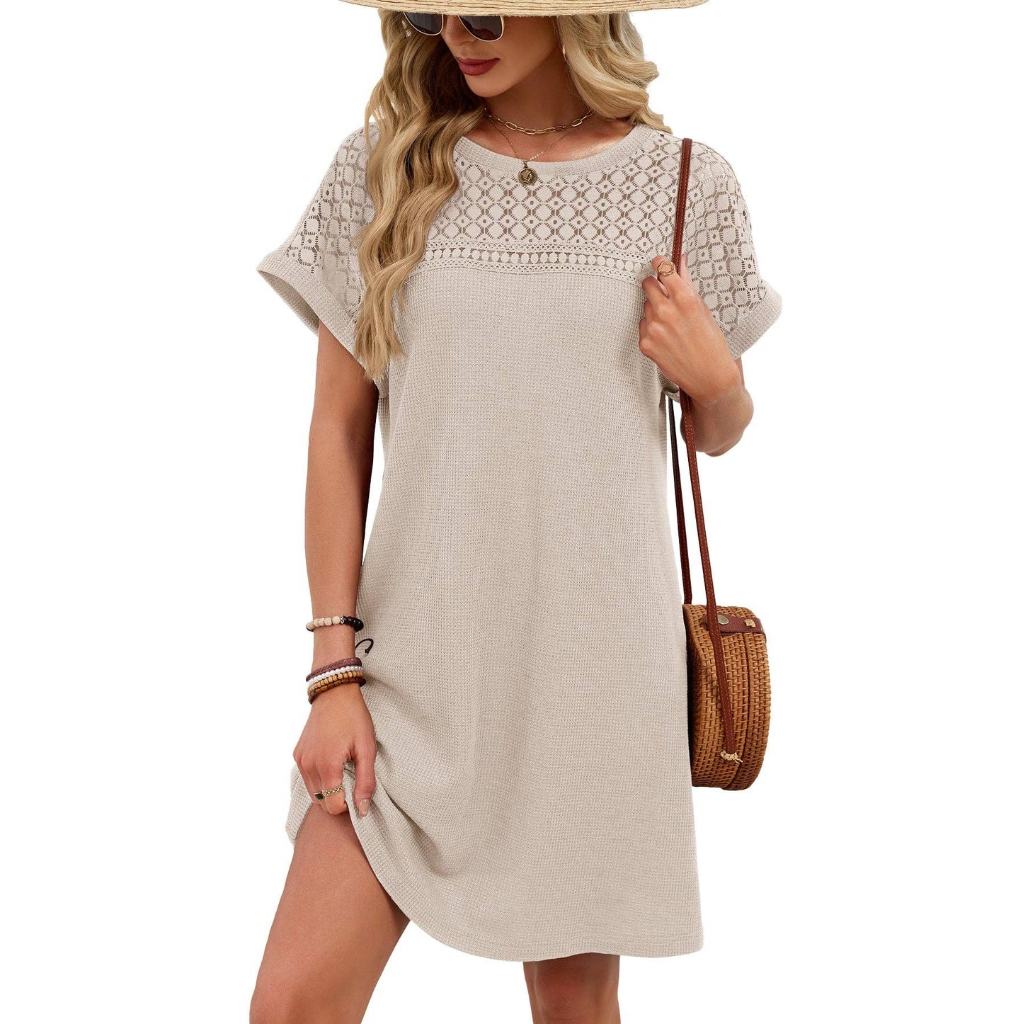 Lace Patchwork Casual Short Sleeve Loose Dress