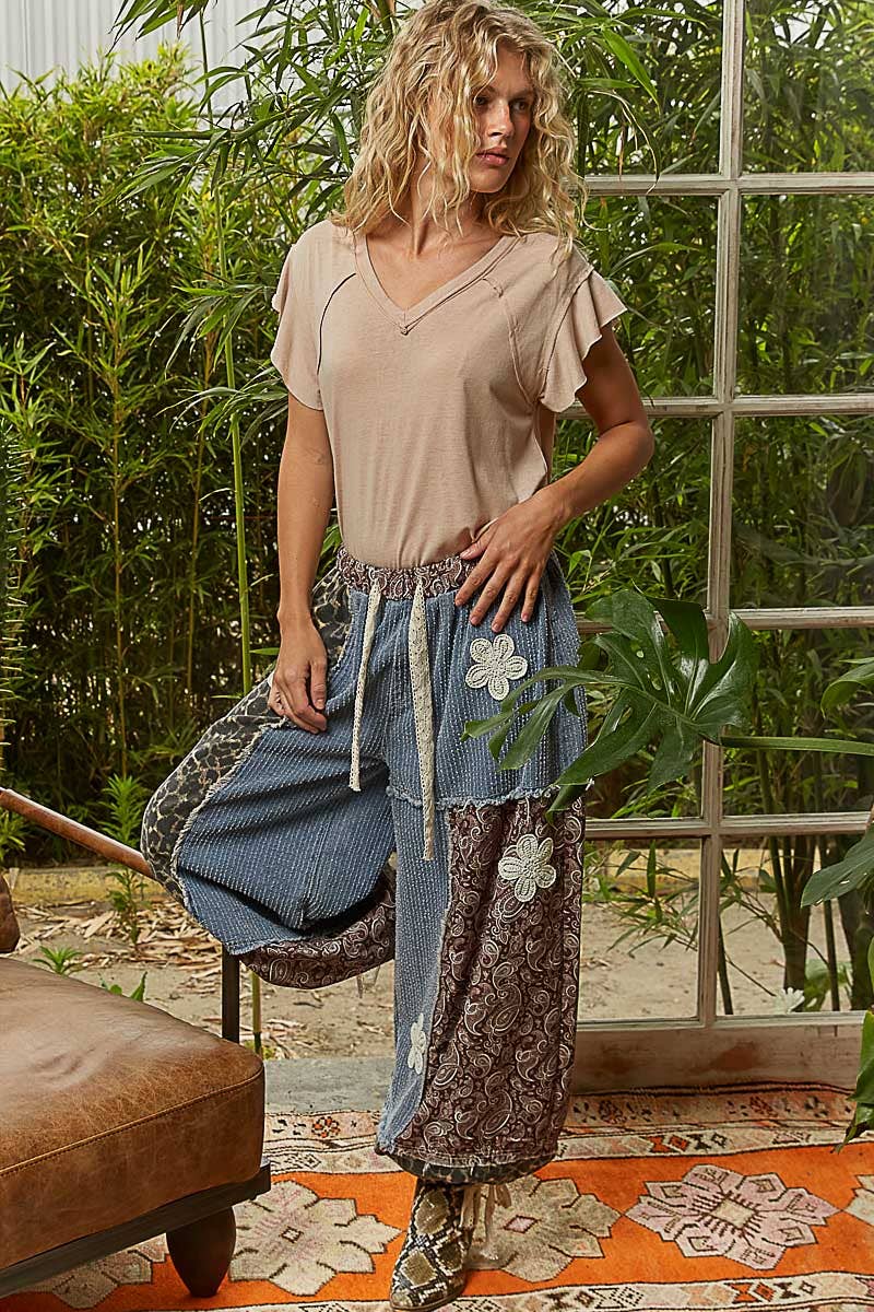 Crochet patch detail contrast patchwork printed woven pants