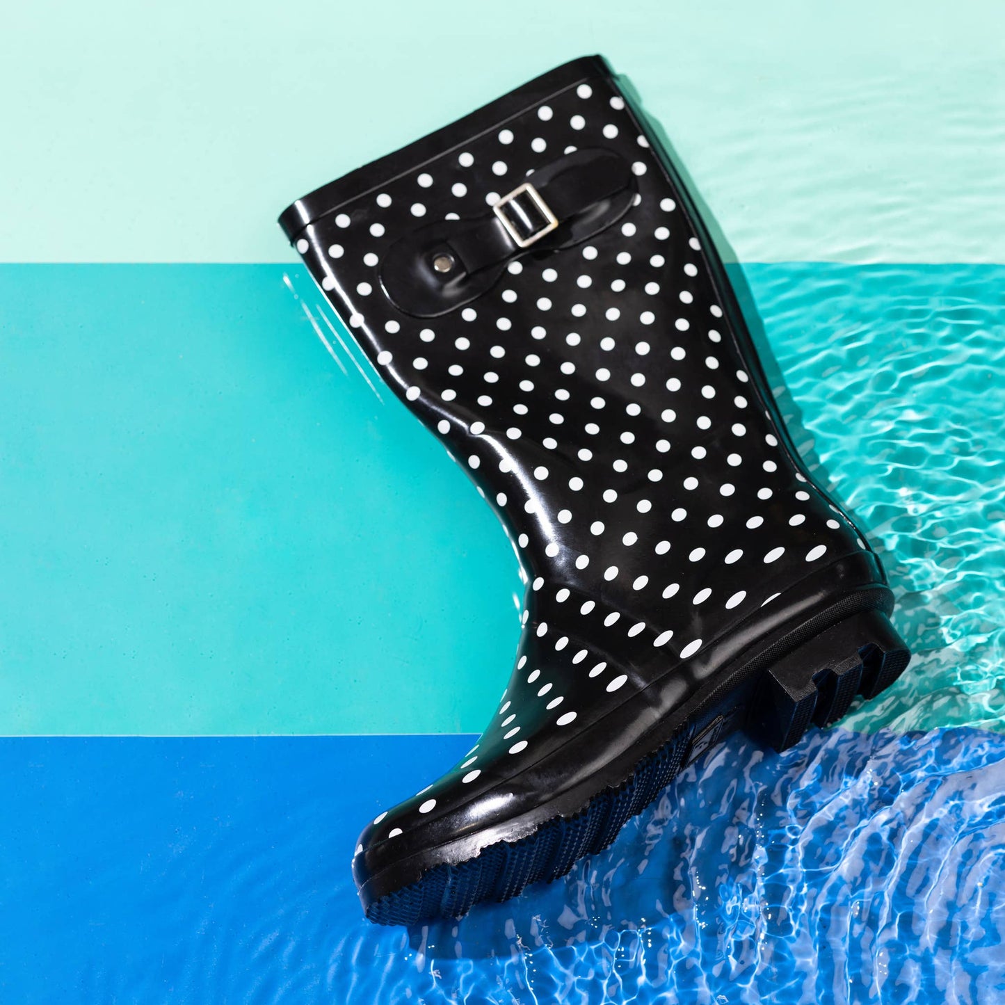 Norty Womens Mid Calf 11" Rain Boot Wht Dot Blk Rim: 9
