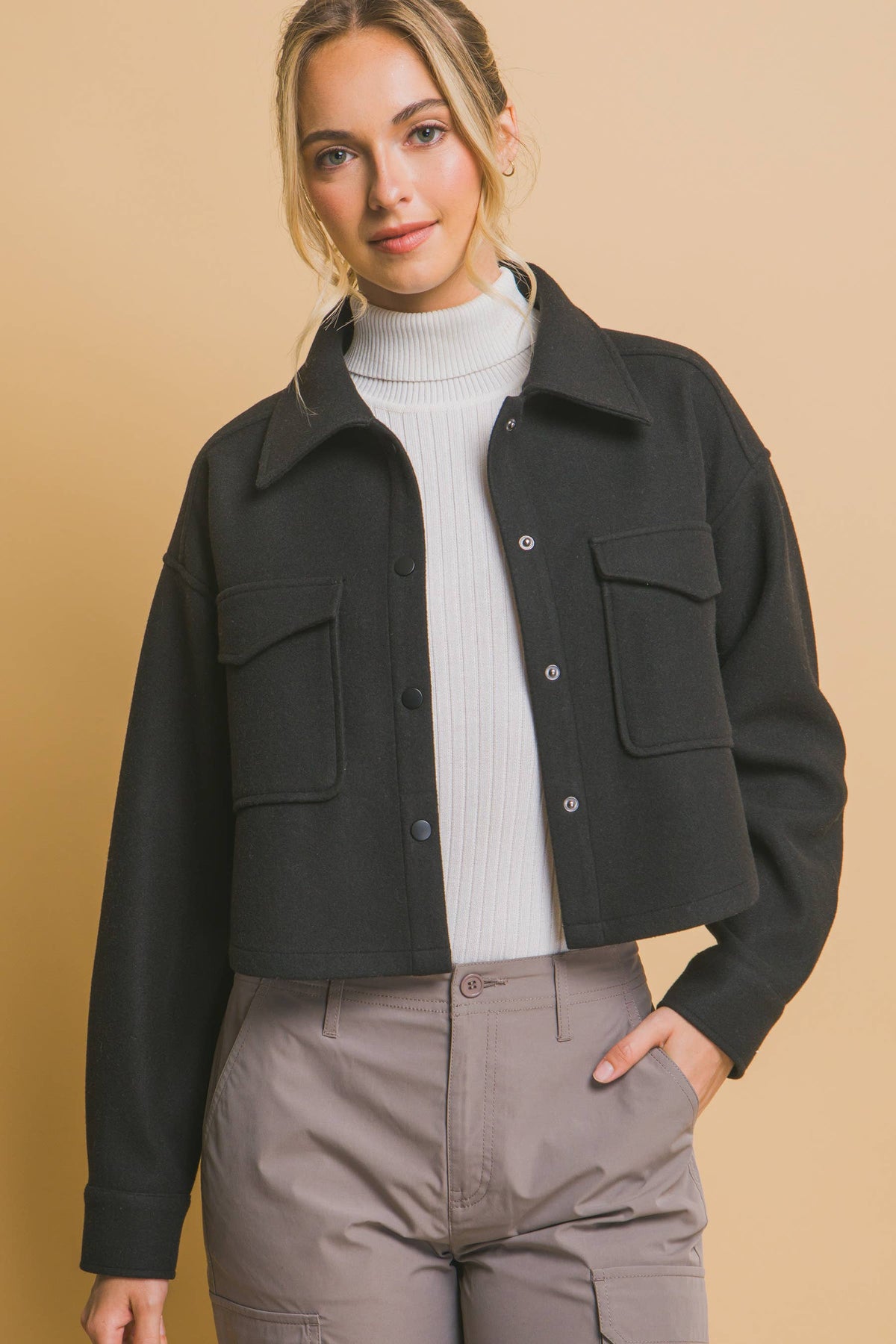 JQ Fleece Cropped Snap-Button Shacket: Wine