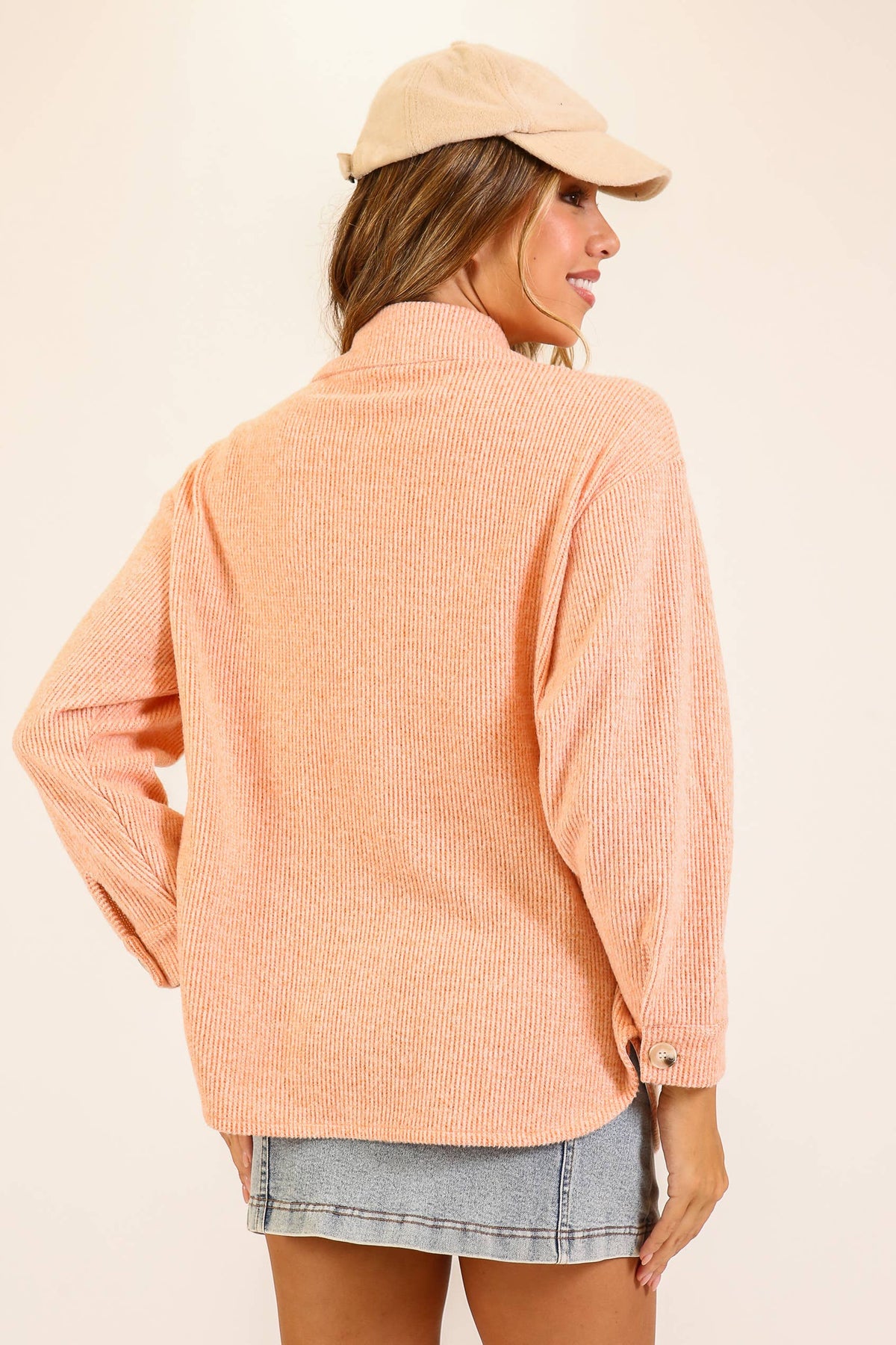 Brushed Waffle Button-Up Shacket: Pink