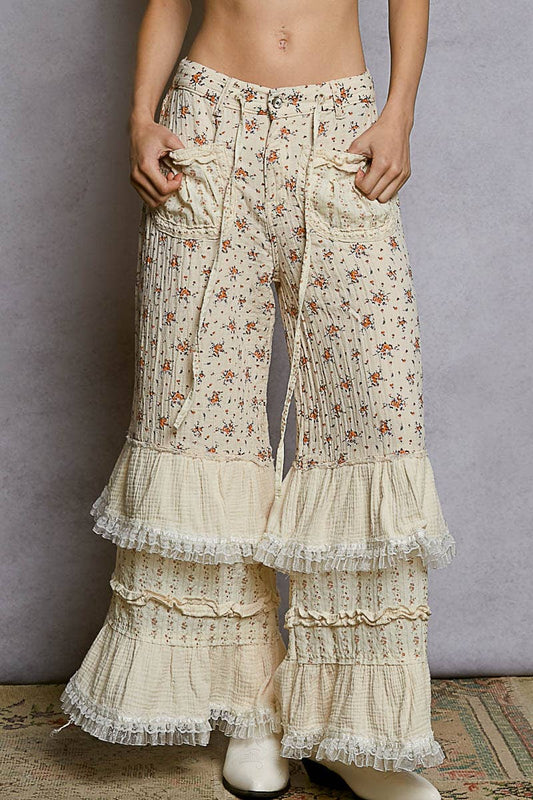 Double Gauze Floral Front Patch Pockets Ruffle Wide Pants