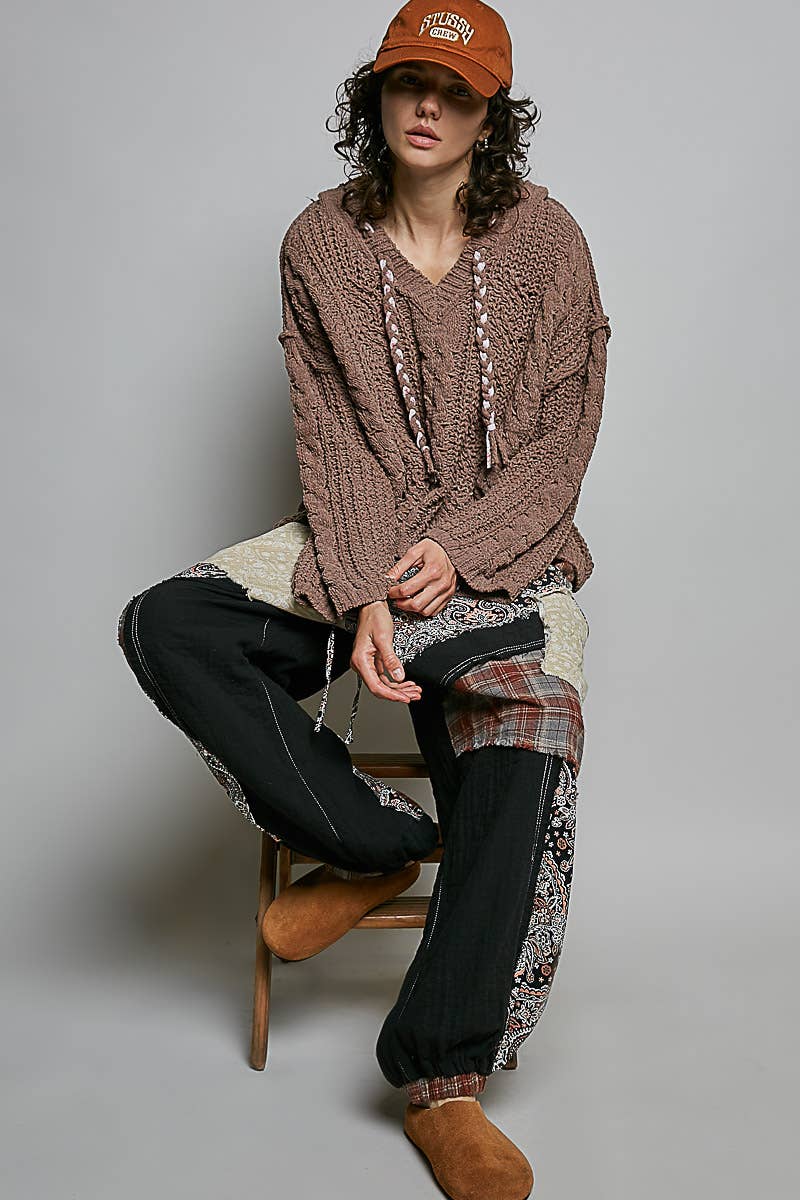 Oversize Fit V-neck Hooded Cable Knit Chenille Sweater