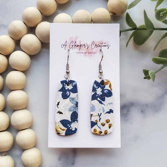 Navy & Mustard Floral Mini Bar Leather Earrings