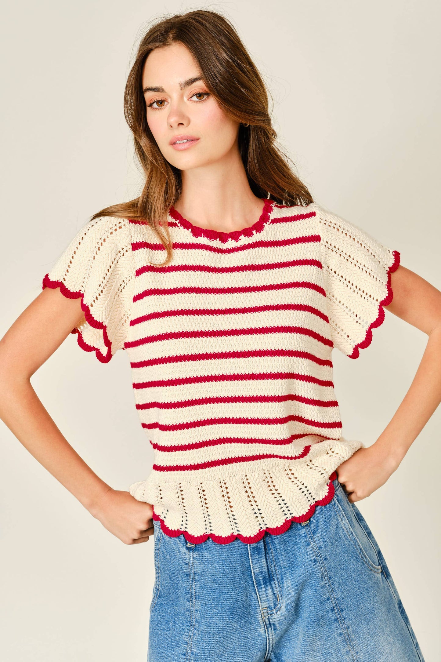 Striped Crochet short sleeved Sweater
