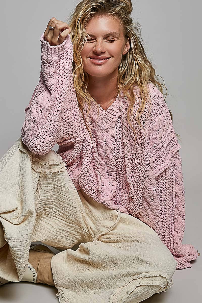 Oversize Fit V-neck Hooded Cable Knit Chenille Sweater