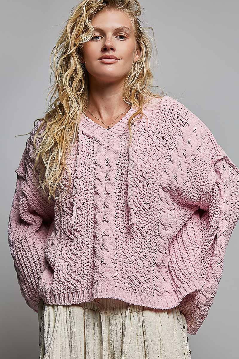 Oversize Fit V-neck Hooded Cable Knit Chenille Sweater