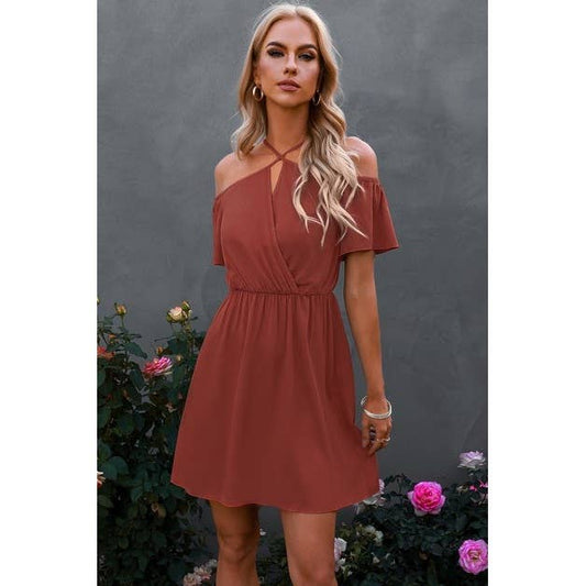 Cross Straps Off Shoulder Dress: Rust / M