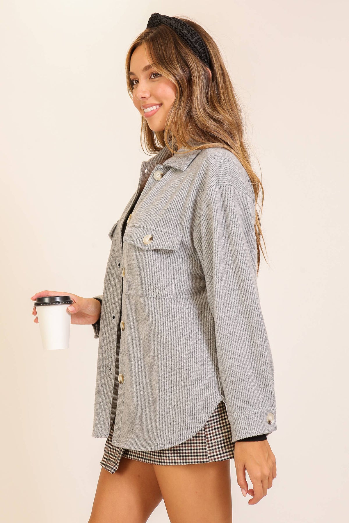 Brushed Waffle Button-Up Shacket: Pink
