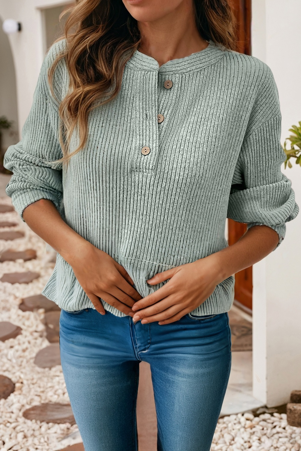 Ribbed Henley Knit long sleeved shirt