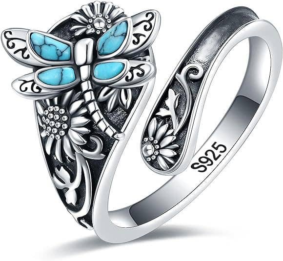 Bohemian Turquoise Dragonfly Sunflower Open Ring