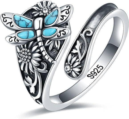 Bohemian Turquoise Dragonfly Sunflower Open Ring