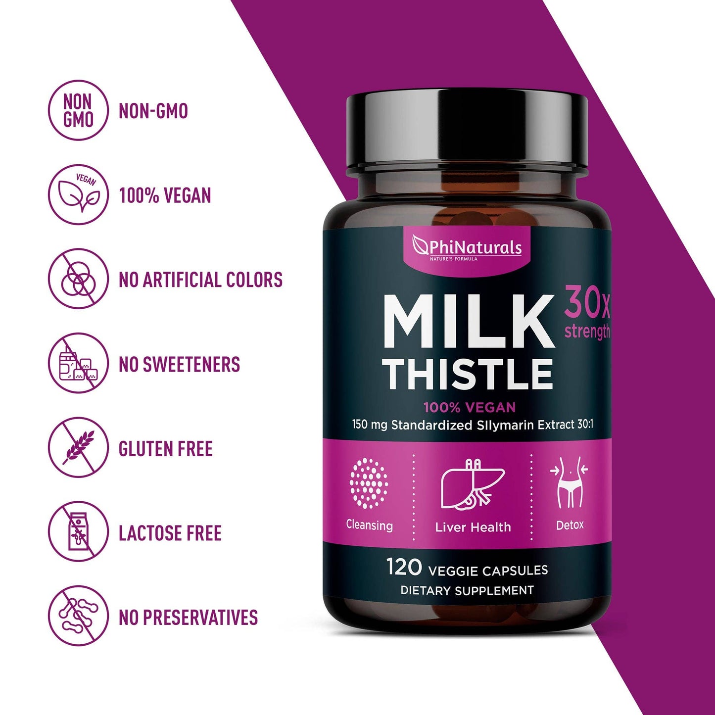 Phi Naturals - Milk Thistle Silymarin 30x Extract Supplement: 1-Pack