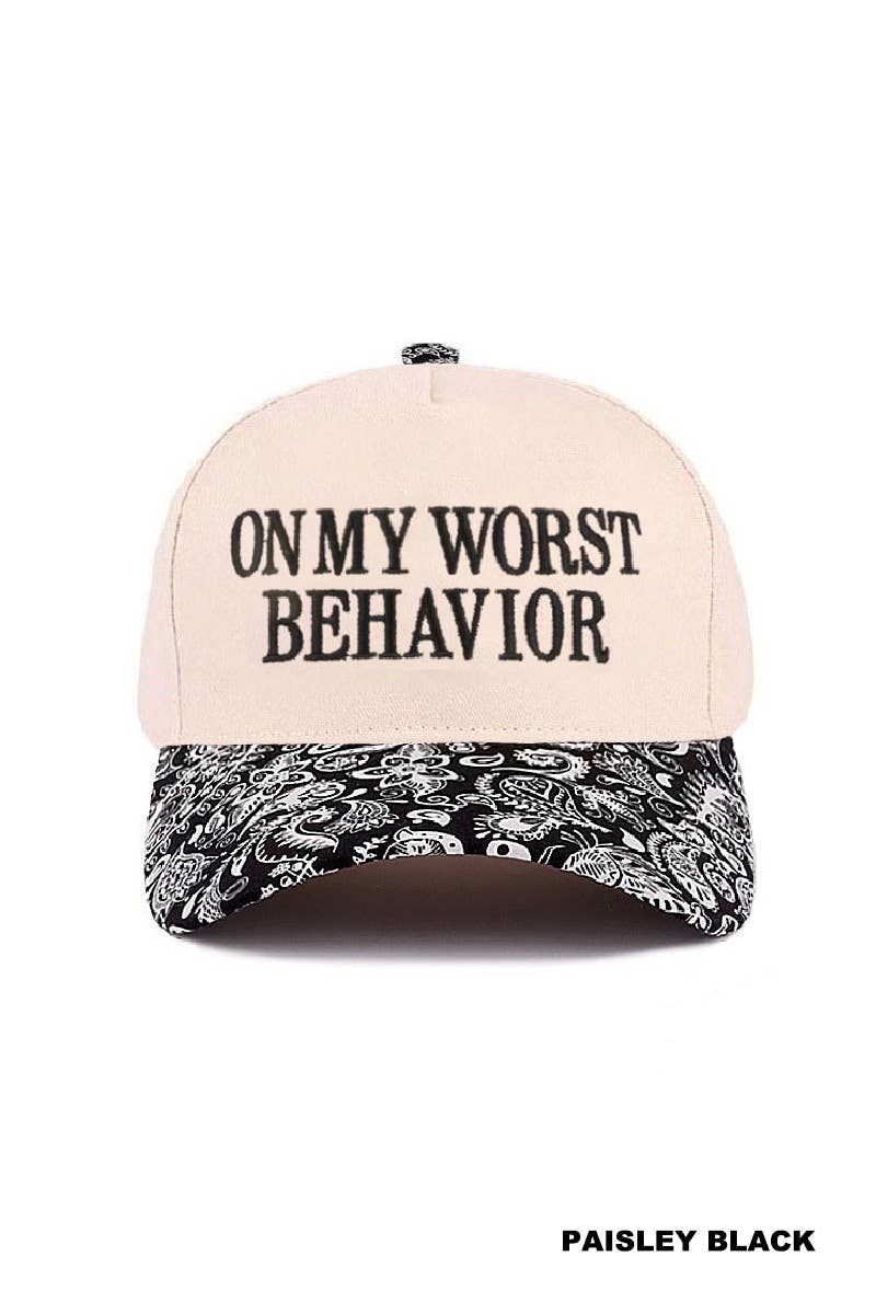 On My Worst Behavior Two Tone Canvas Cotton Cap: BLACK