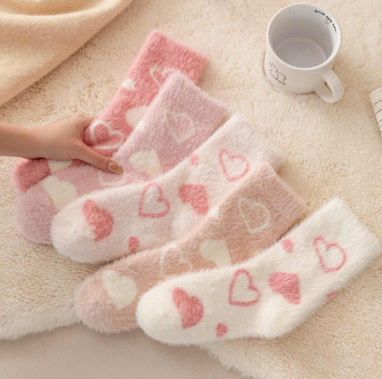 Fuzzy Pink Heart Lounge Socks