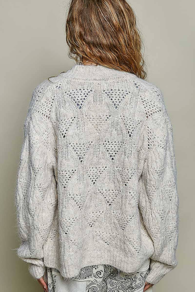 Relaxed Fuzzy Knit Pointelle Detail Ribbed Trim Cardigan: CHARCOAL One Size