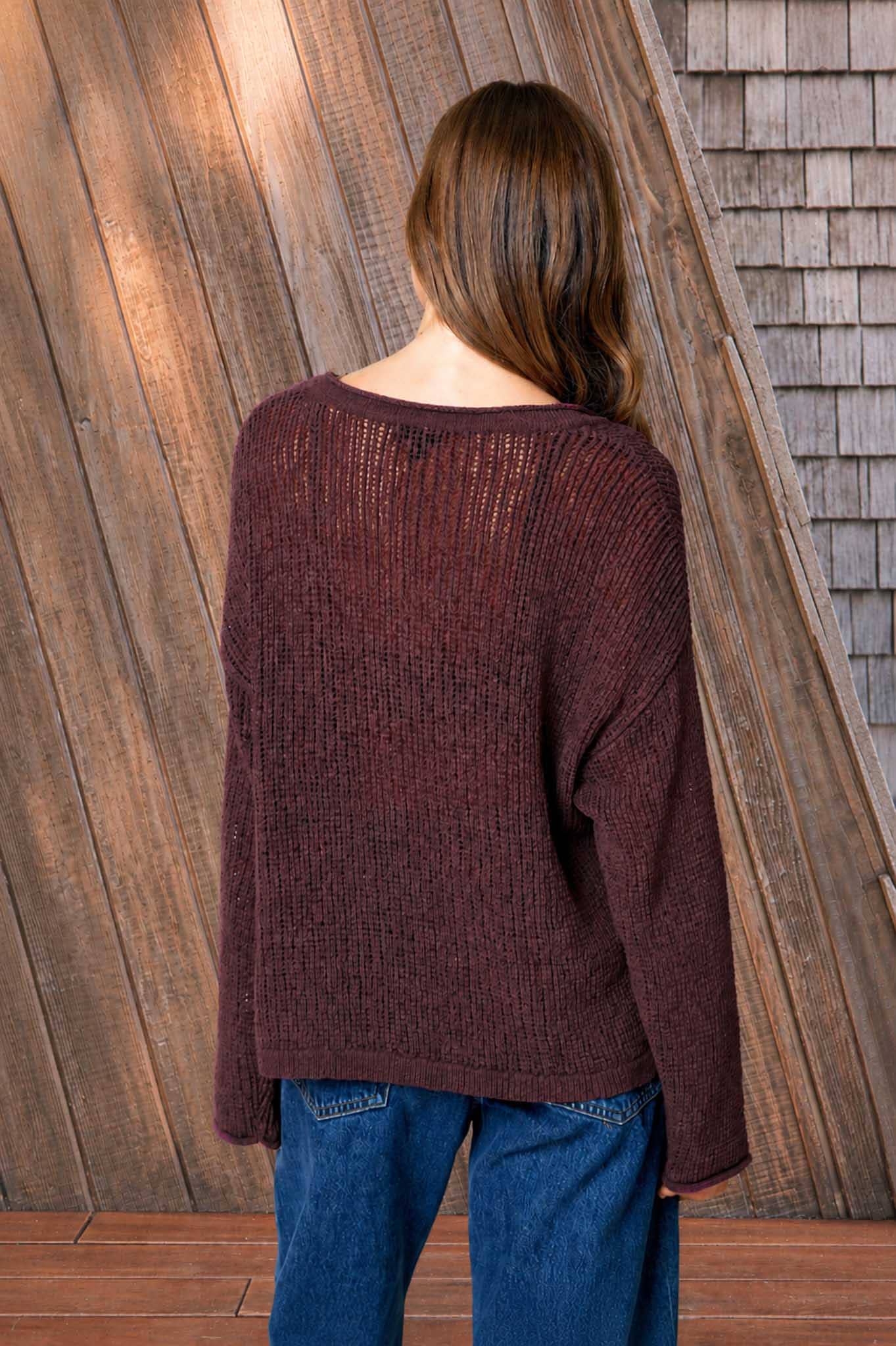 Raw Edge Split Neck Long Sleeve Sheer Knit Sweater