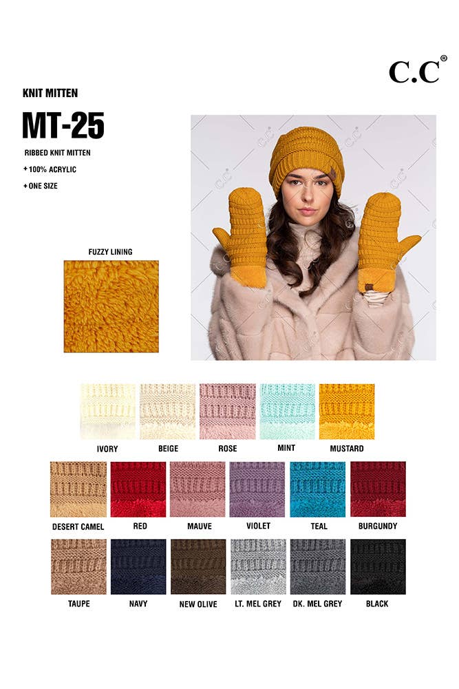 C.C Solid Color Knitted Mitten Gloves: Light Melange Gray