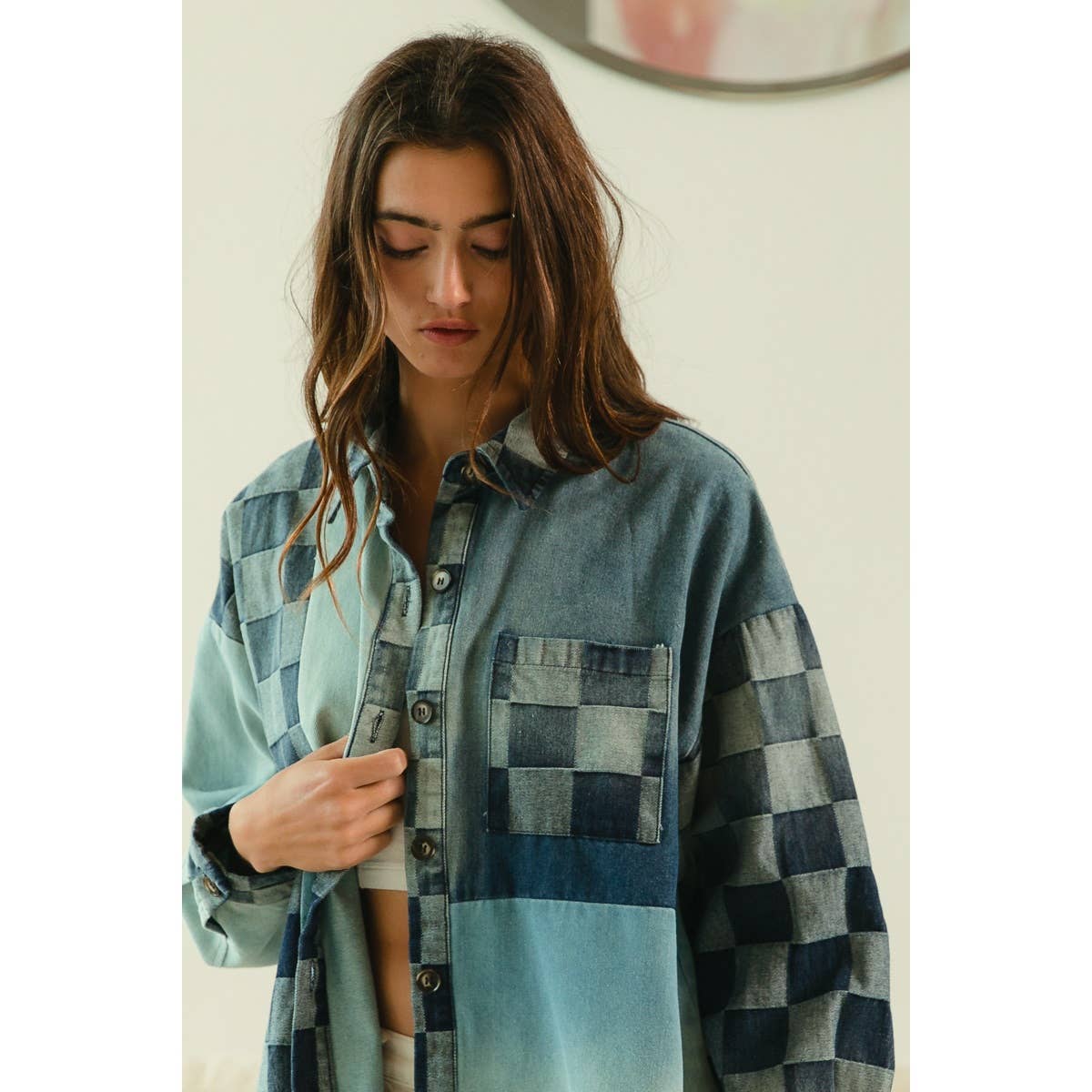 Checker Denim Mix Match Washed Shirt