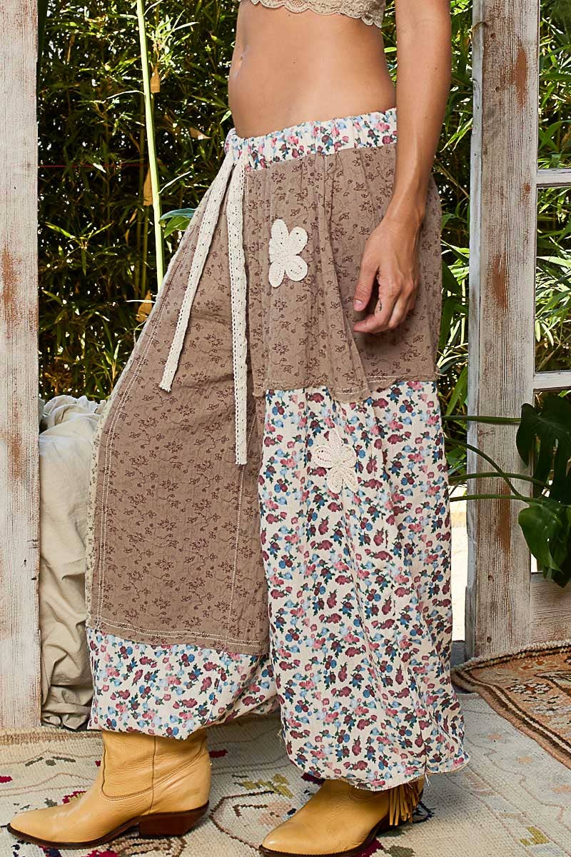 Crochet patch detail contrast patchwork printed woven pants