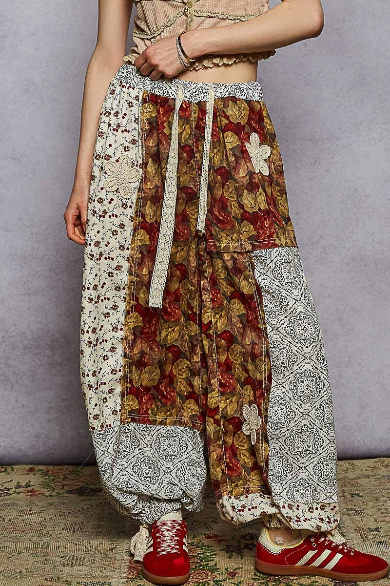 Crochet patch detail contrast patchwork printed woven pants