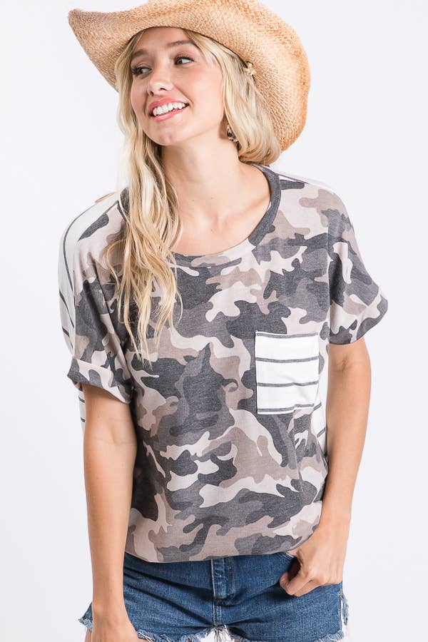Camo Print Striped Pocket Short Sleeve Shirt