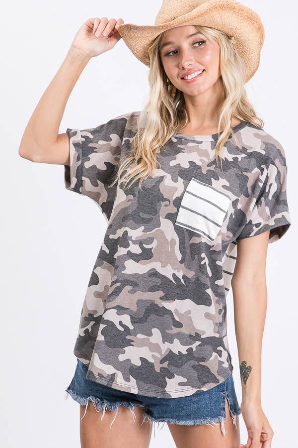 Camo Print Striped Pocket Short Sleeve Shirt